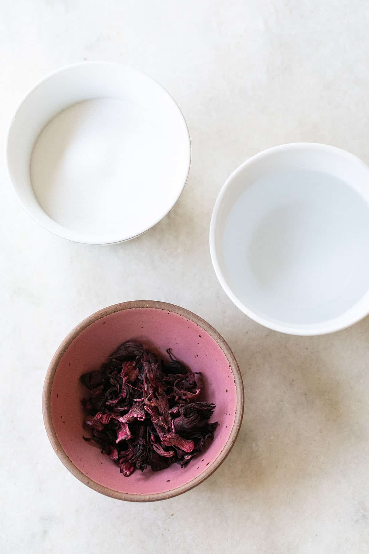 sugar, water, dried hibiscus flowers