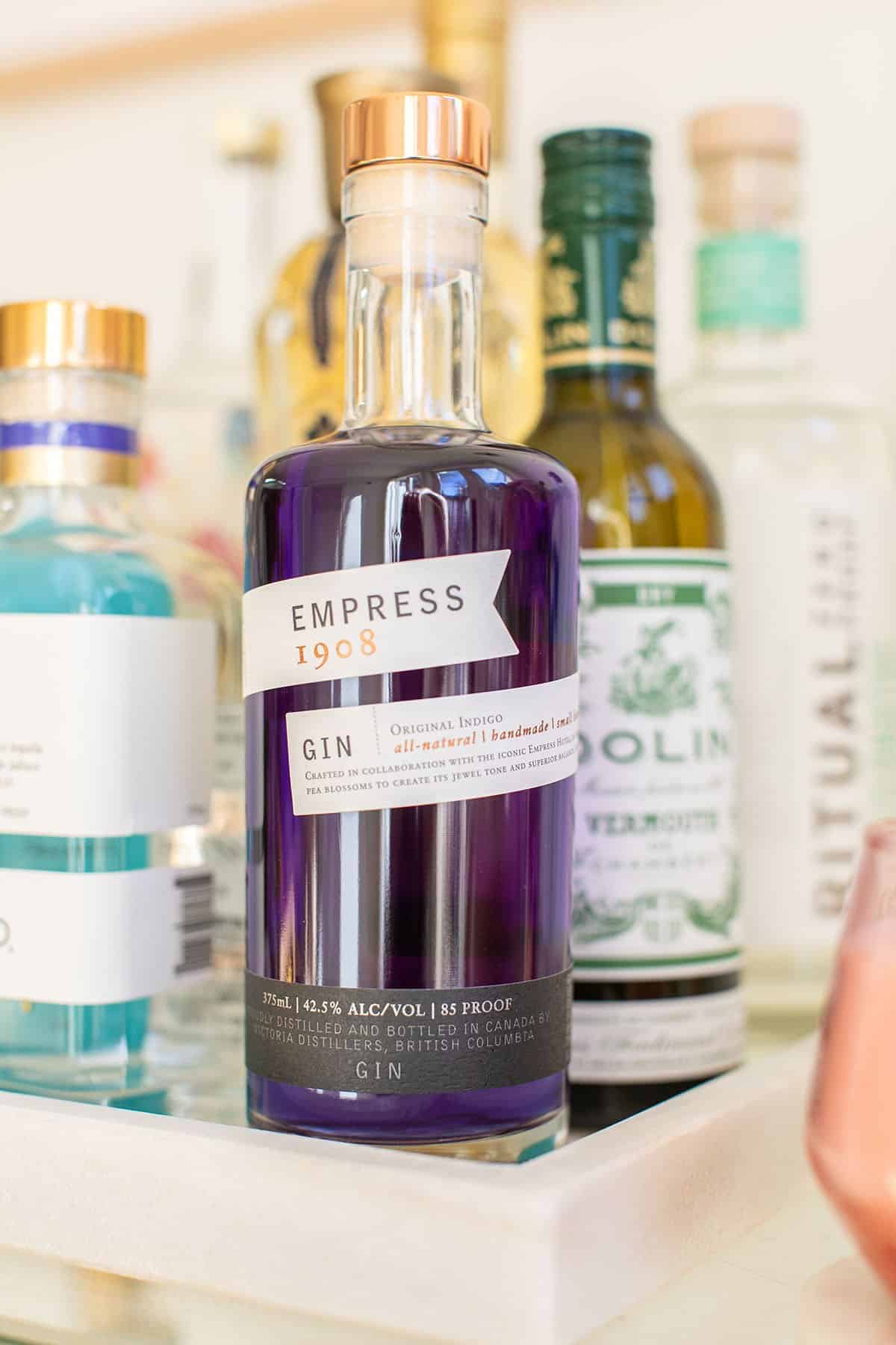 Bottle of Empress gin on a bar cart