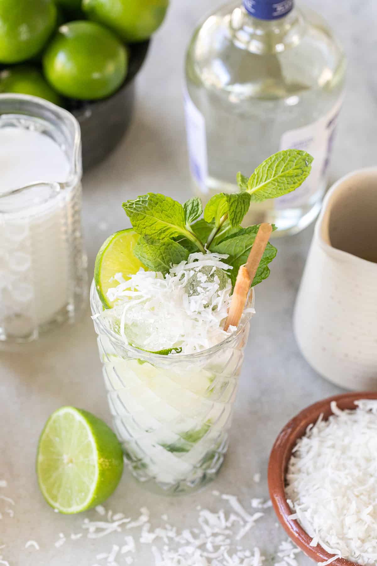 Coconut mojito with shredded coconut over the top.