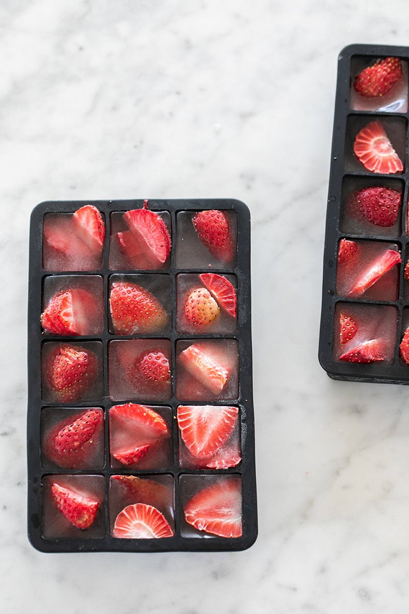 strawberry ice cubes i n an ice cube tray 