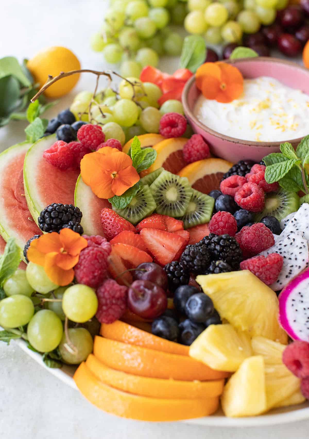 sliced fresh fruit on a platter