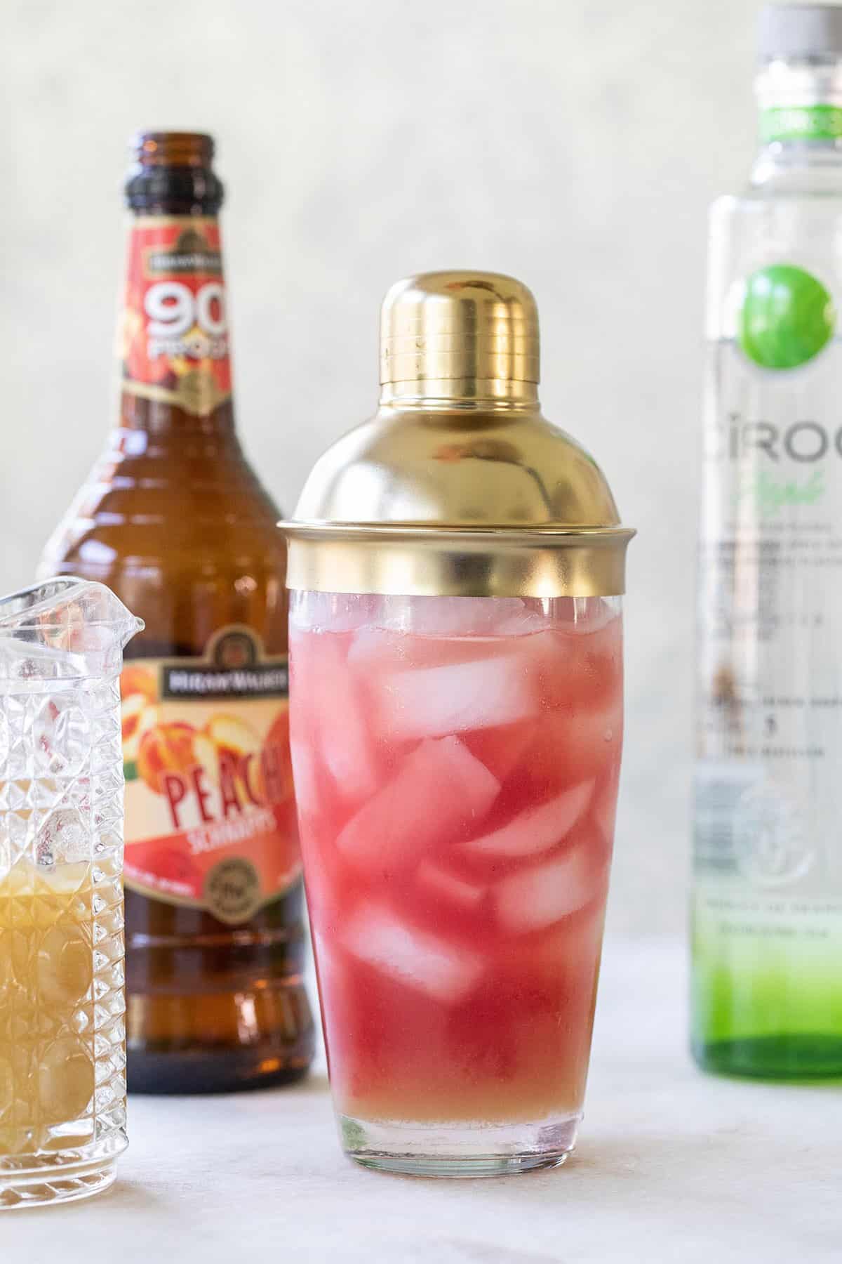 Fruit juice and vodka in a cocktail shaker with ice.