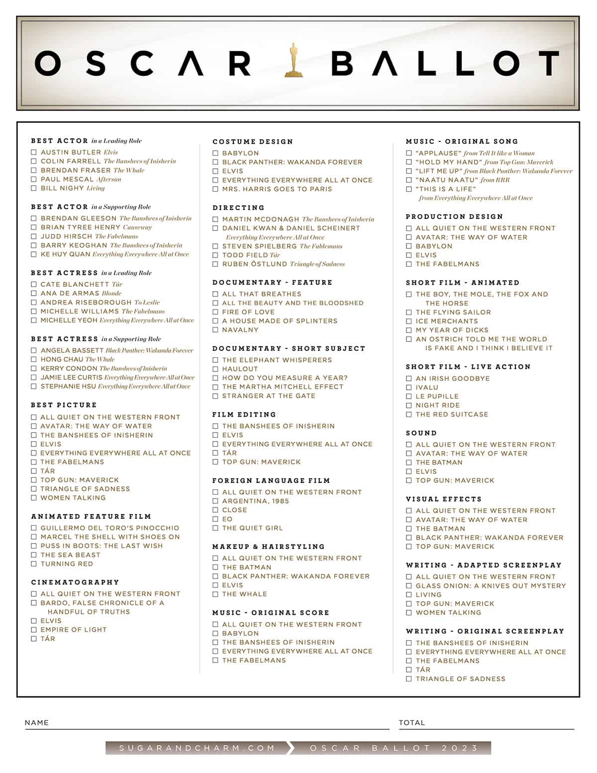 Free Printable Oscar Ballot 2023