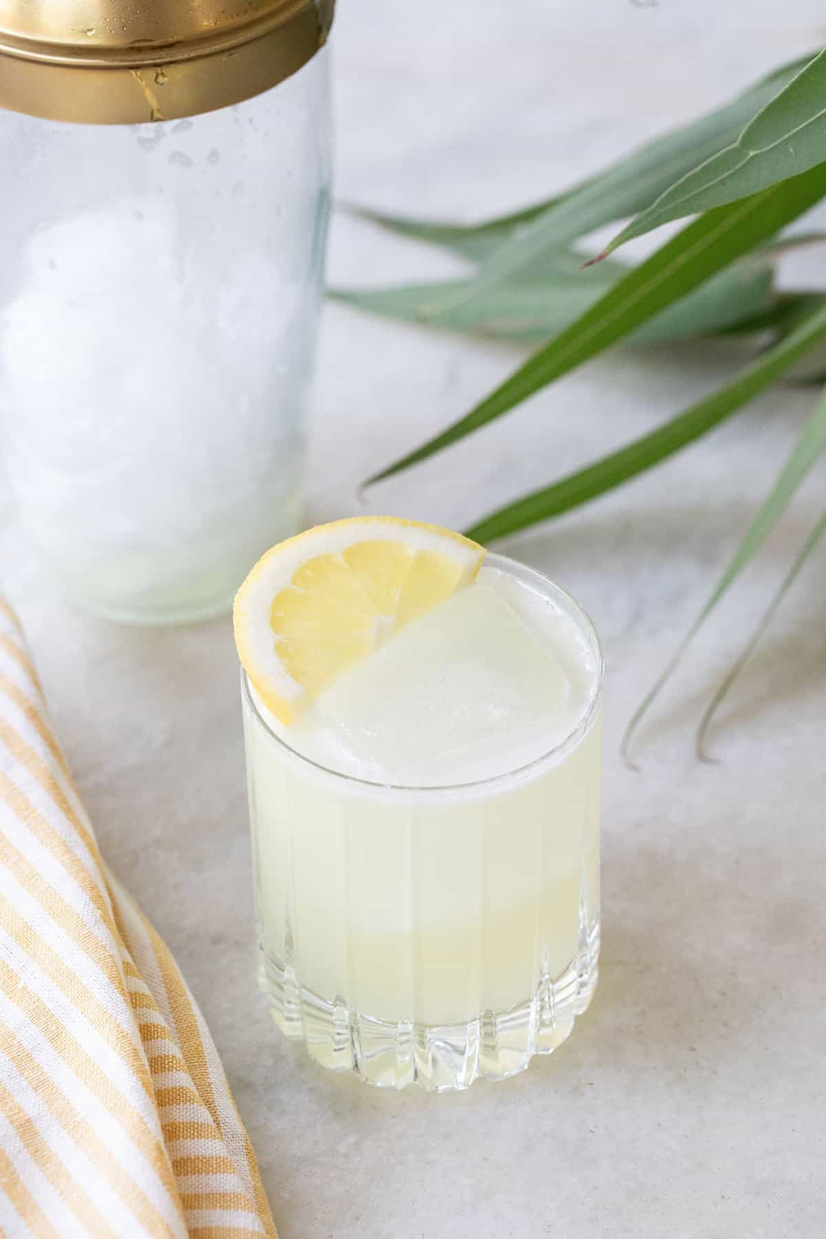 vodka sour cocktail with lemon wedge