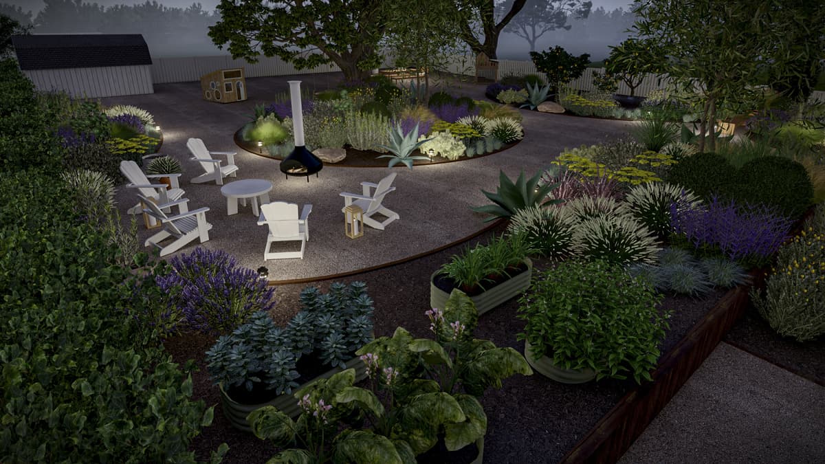 3D plans of a yard at night with plants and lights