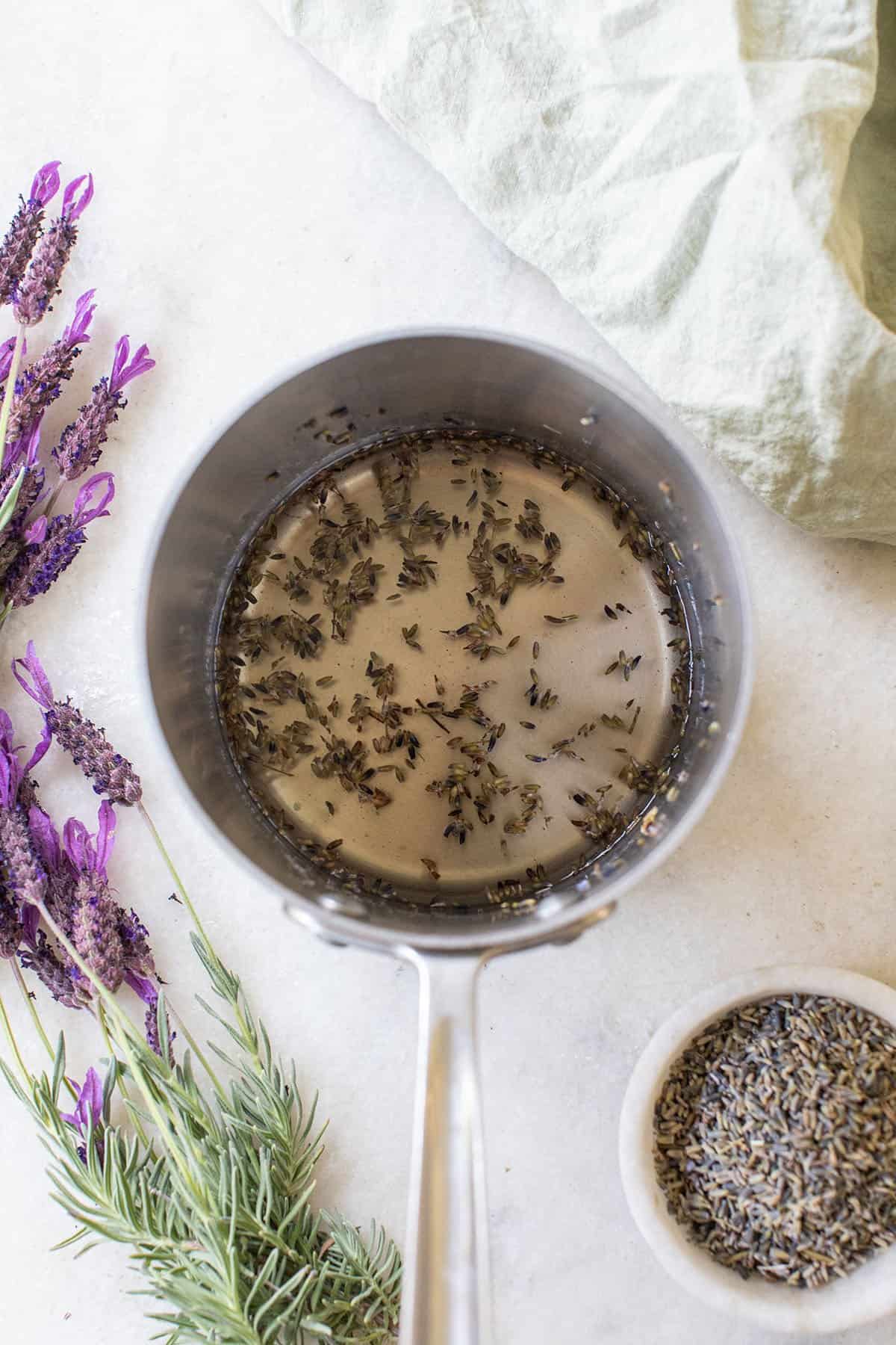 lavender syrup in a sauce pan