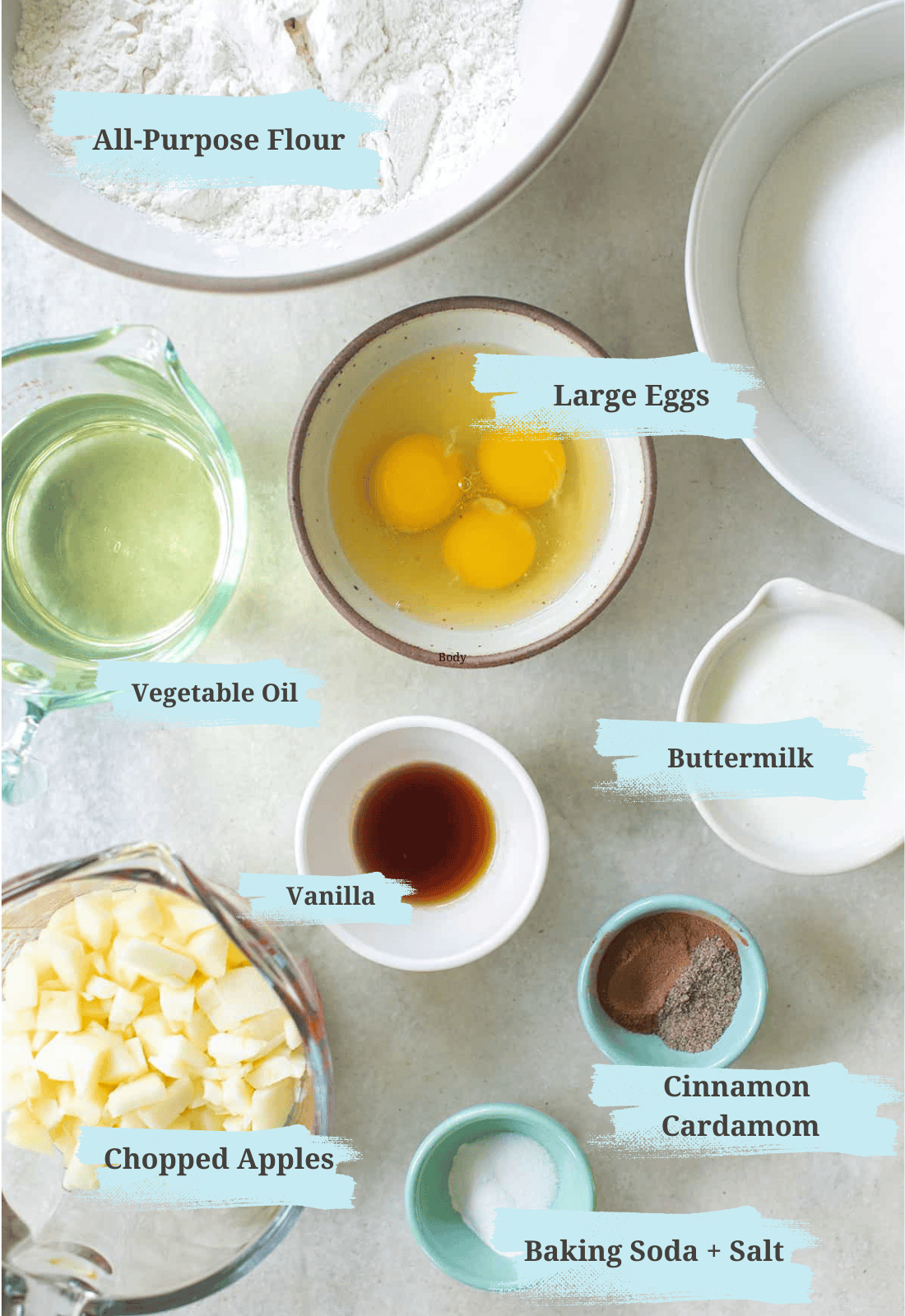 Ingredients to make an old fashioned fresh apple cake recipe. 