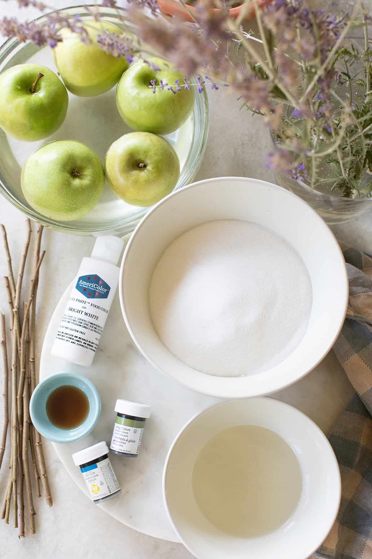 Ingredients to make candy apples.