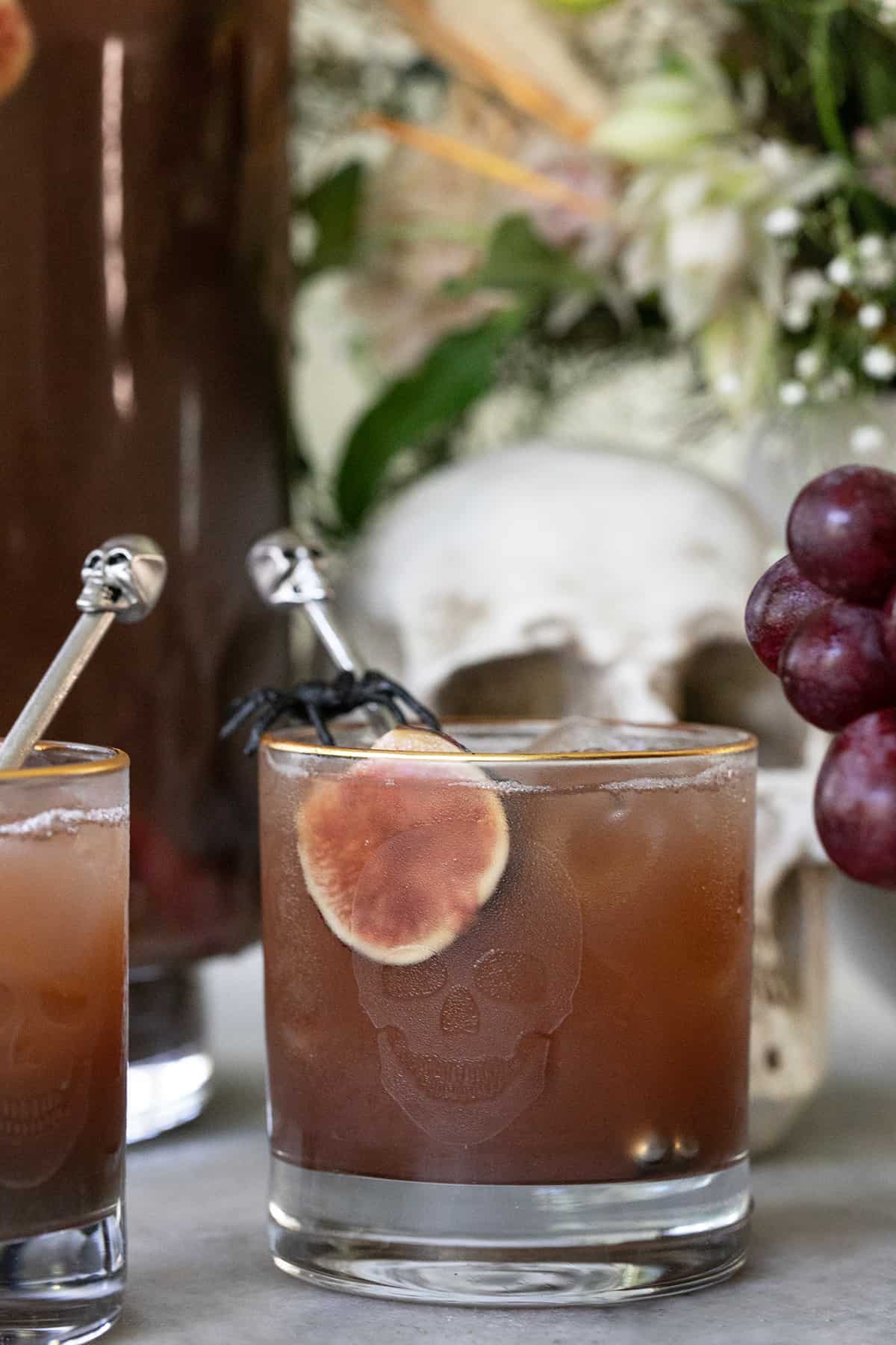 A Halloween glass filled with Halloween punch.