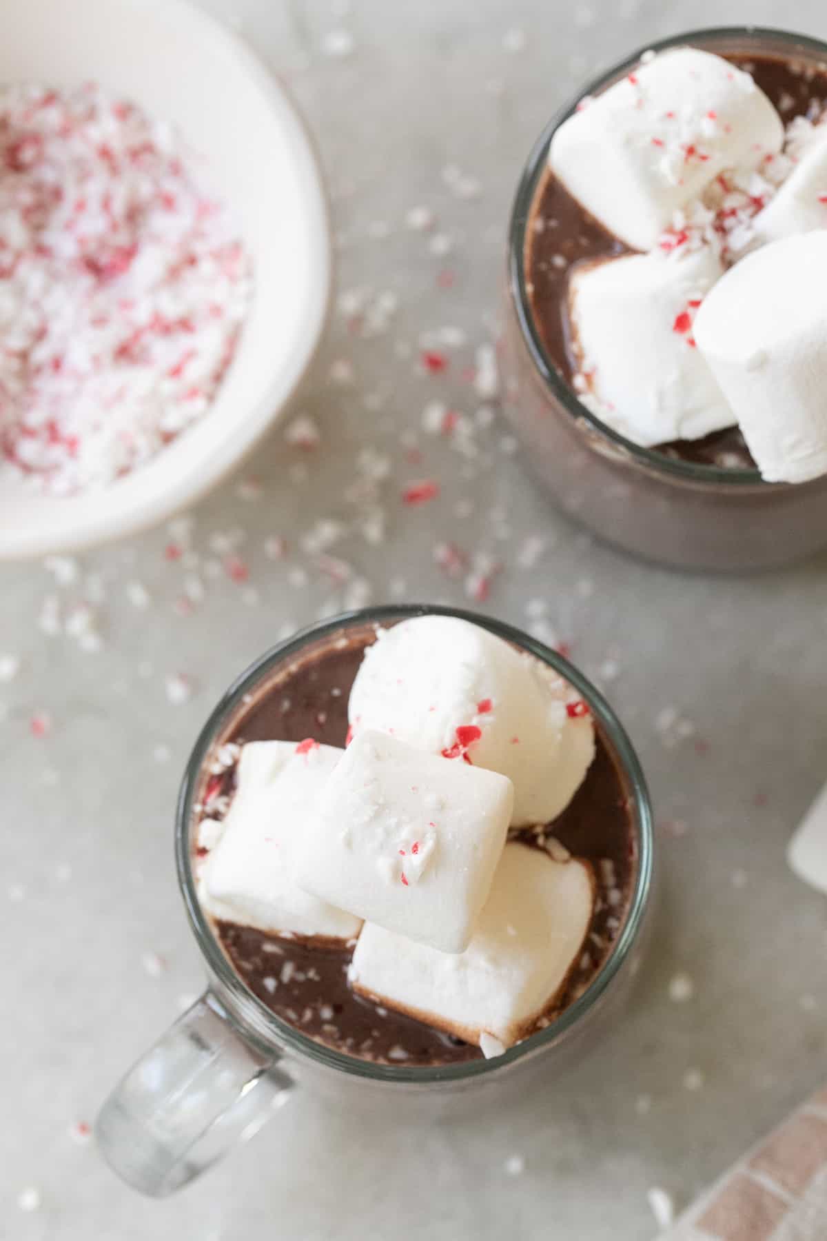 Homemade hot chocolate with peppermint and marshmallows. 