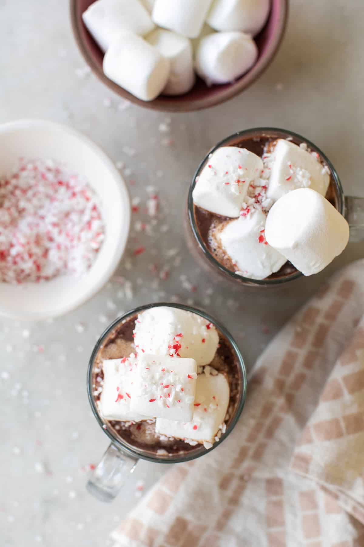 Hot chocolate with peppermint and marshmallows.