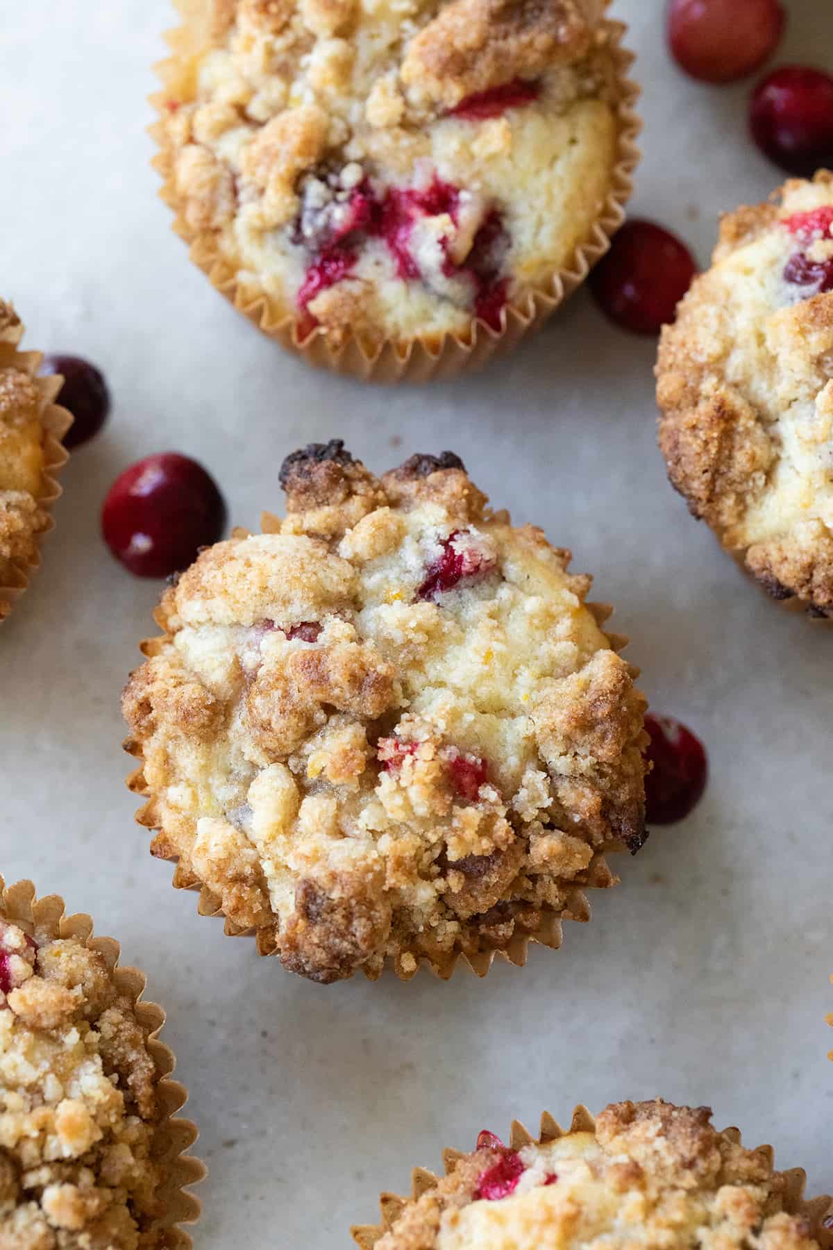 Moist muffin with a brown sugar topping and cranberries.