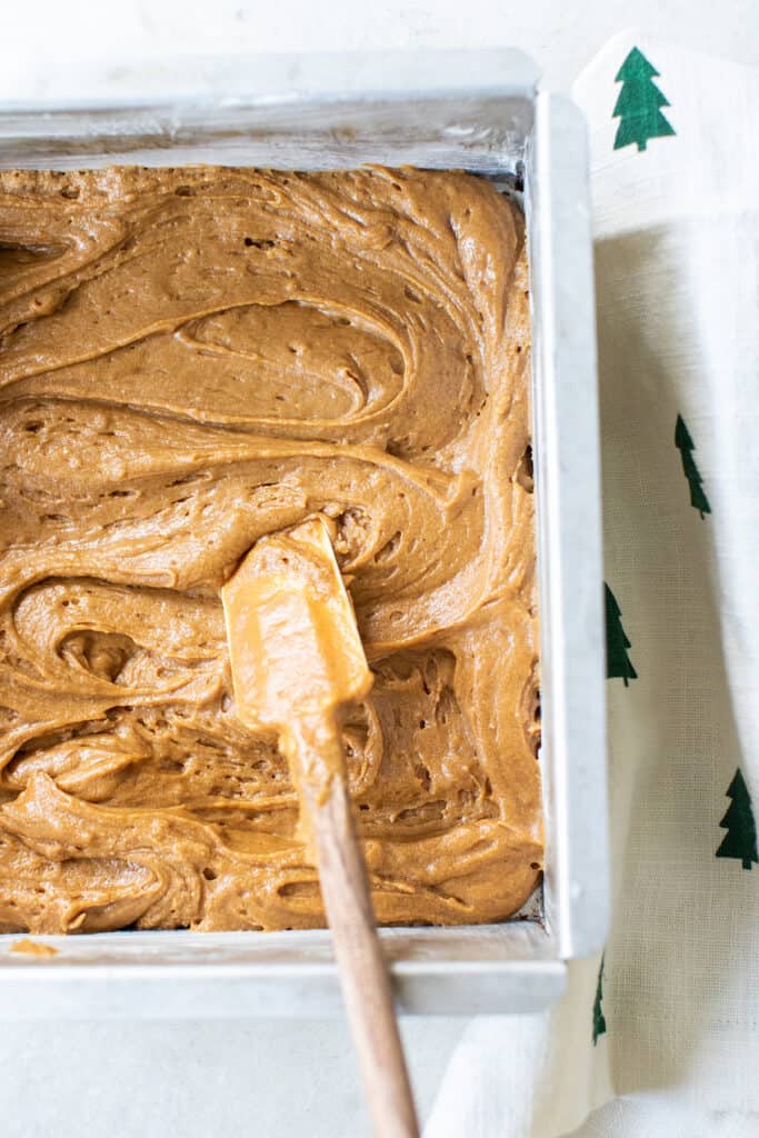 Gingerbread cake batter in pan before baking.