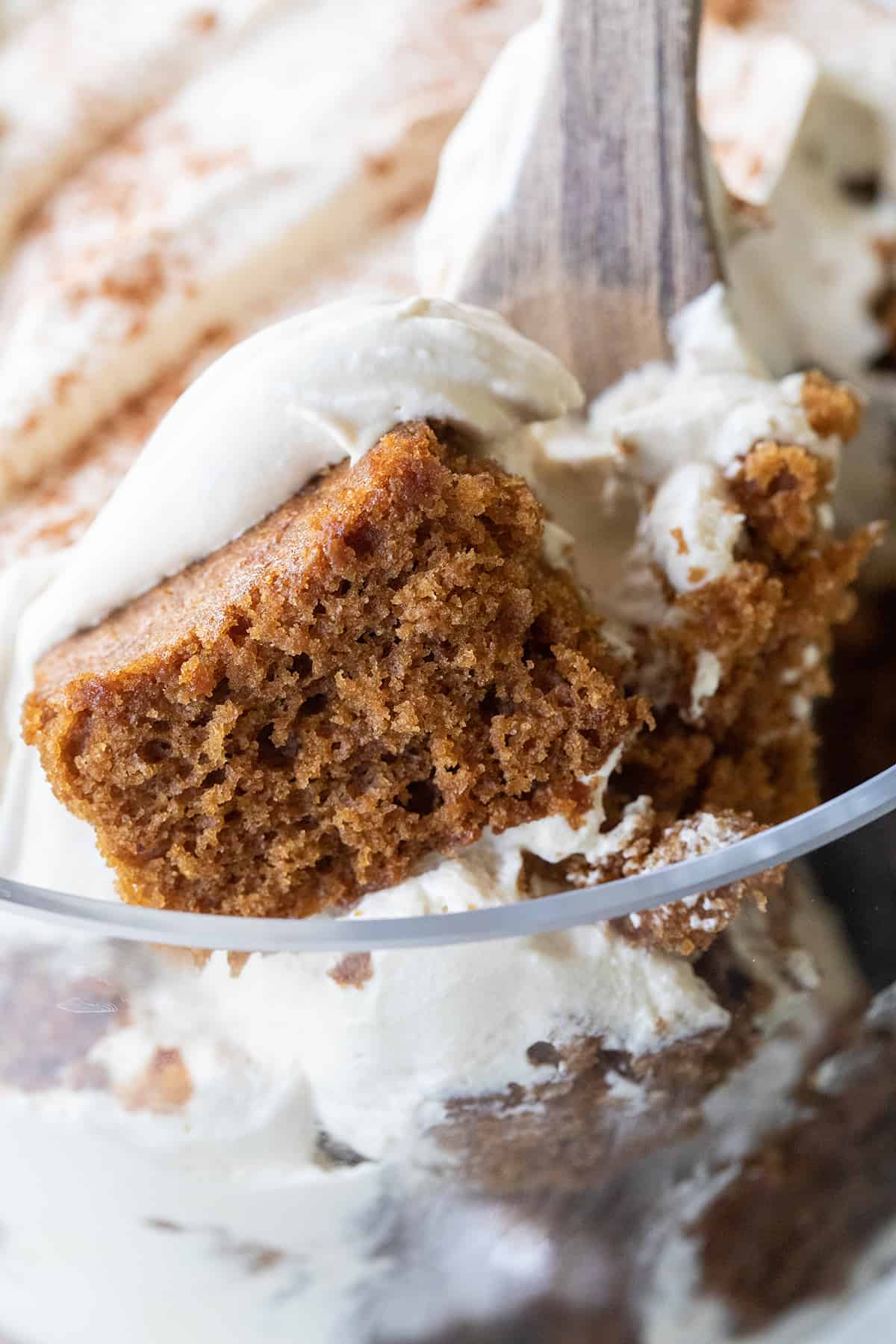 Scooping out gingerbread trifle with a wooden spoon.