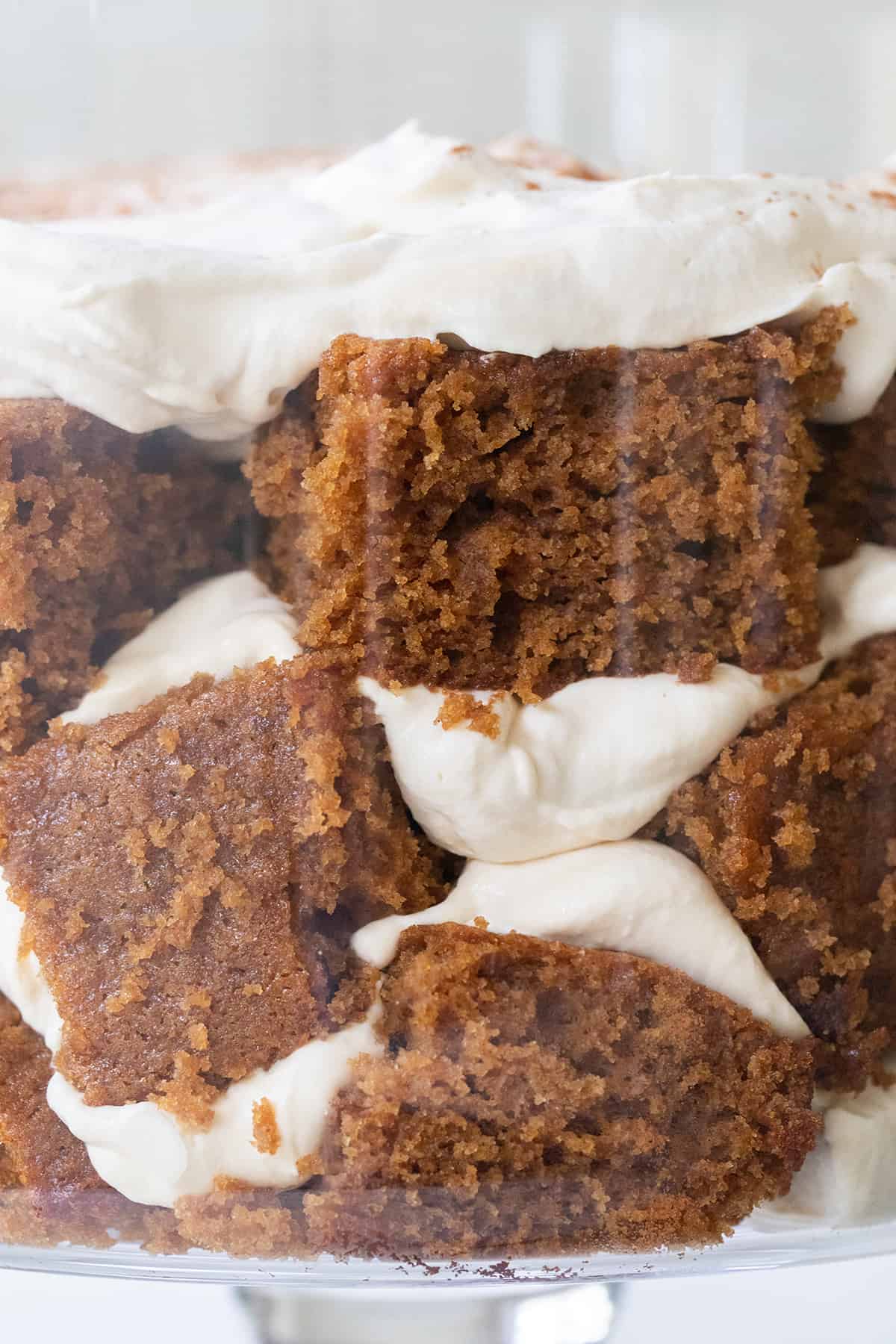 Fluffy gingerbread cake layered with whipped cream.