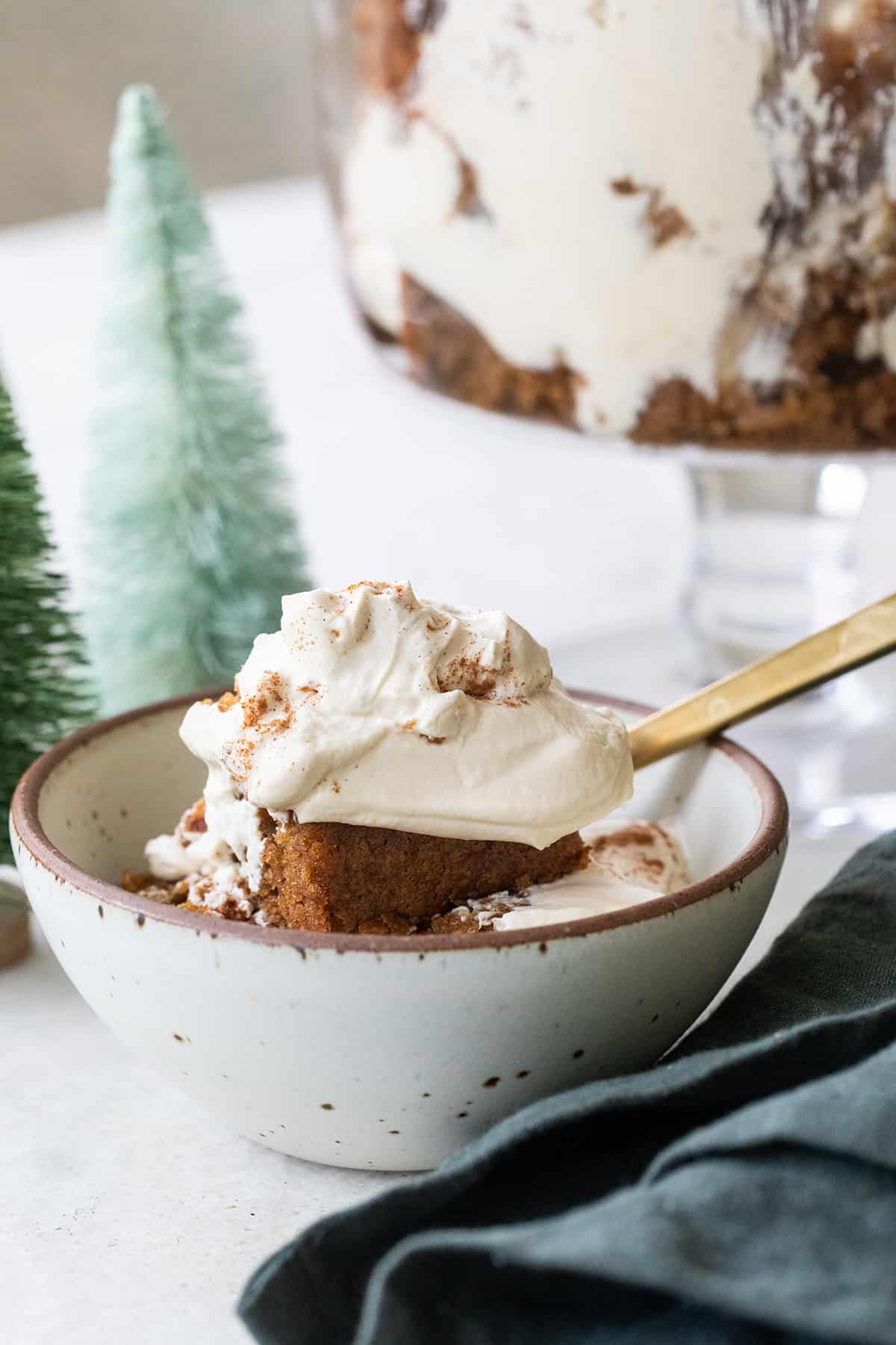 Gingerbread cake in a bowl with molasses whipped cream.