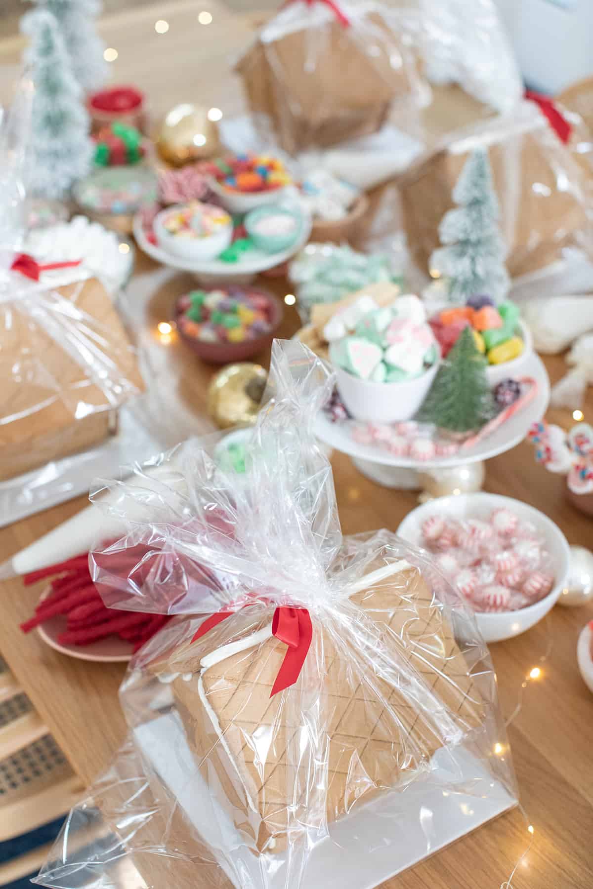 Gingerbread house party with candy and gingerbread kits.