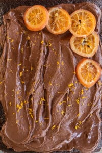 Sour cream chocolate orange frosting with candied oranges.