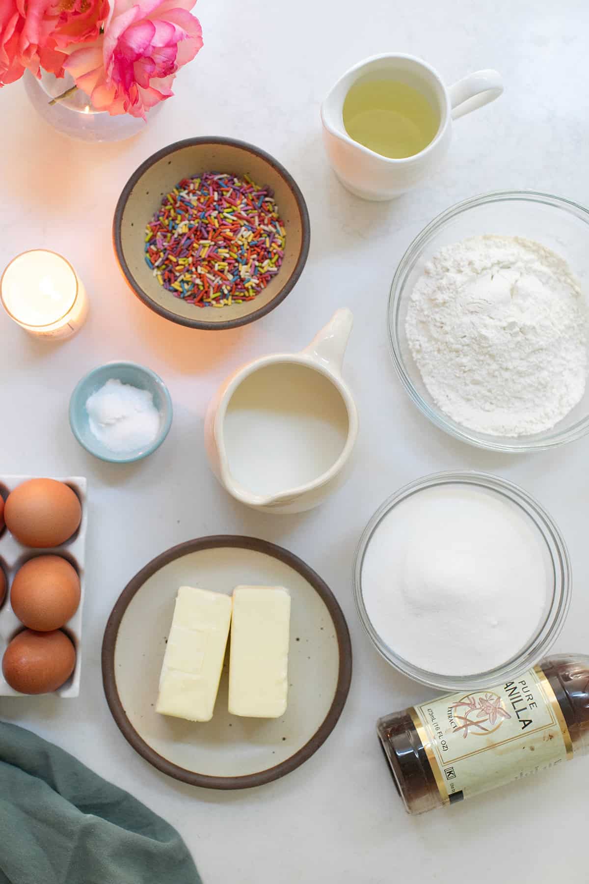 Ingredients on a table to make confetti cake.