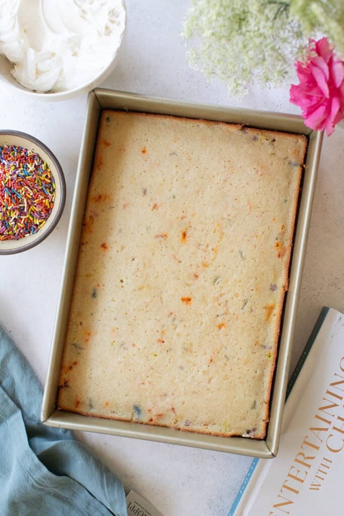 Confetti cake in a sheet pan before frosting.