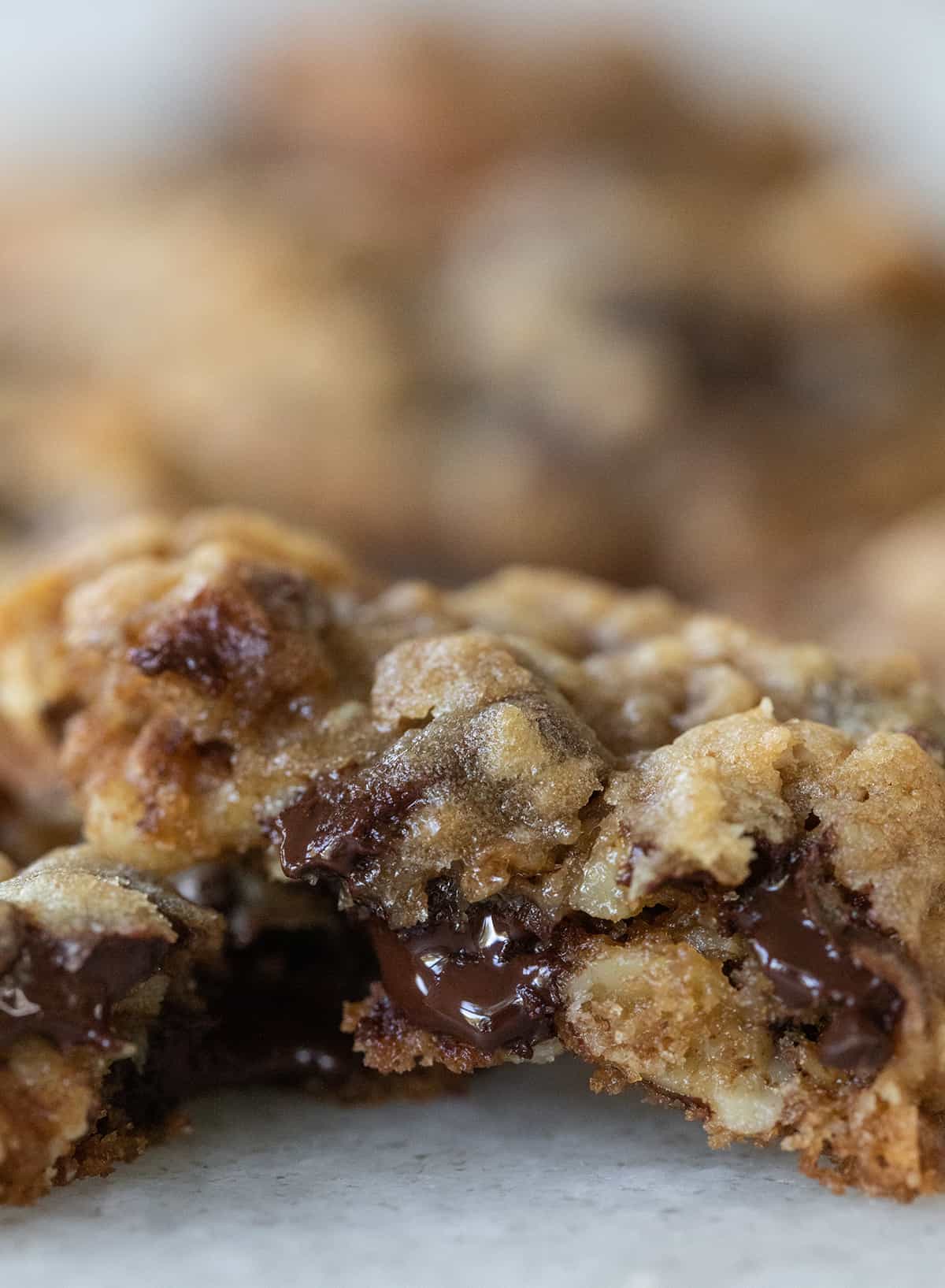 The inside of a chocolate chip cookie with walnuts.