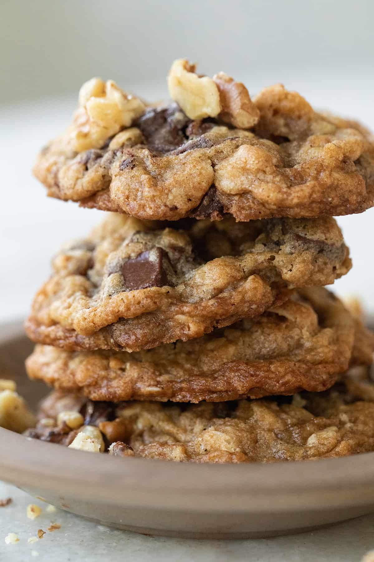 Stack of cookies with chocolate chips and walnuts.