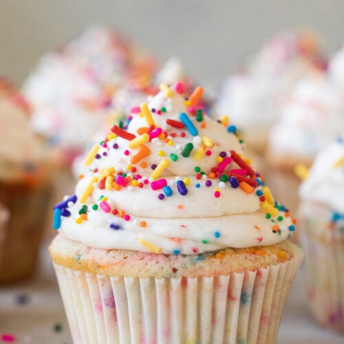 Confetti cupcake with sprinkles and buttercream frosting swirl.