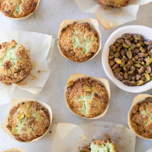 Pistachio muffins with crumble top.