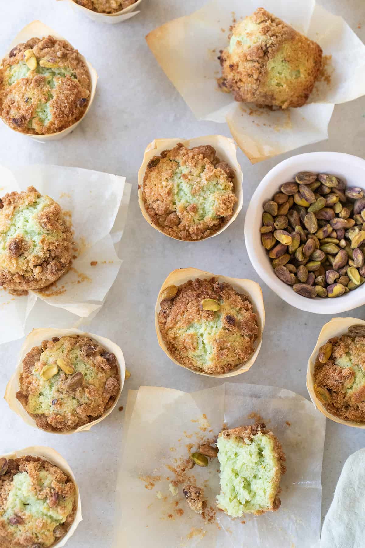 Pistachio muffins with crumble top. 