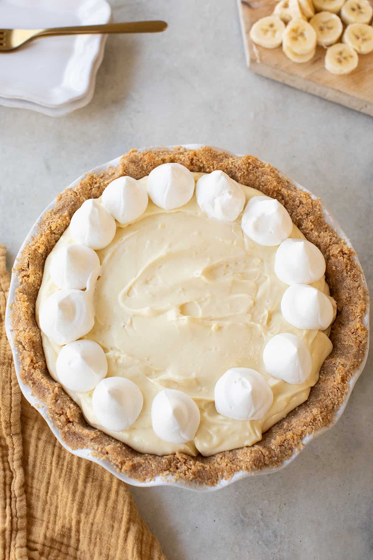 Banana pudding pie made with pudding and whipped cream.