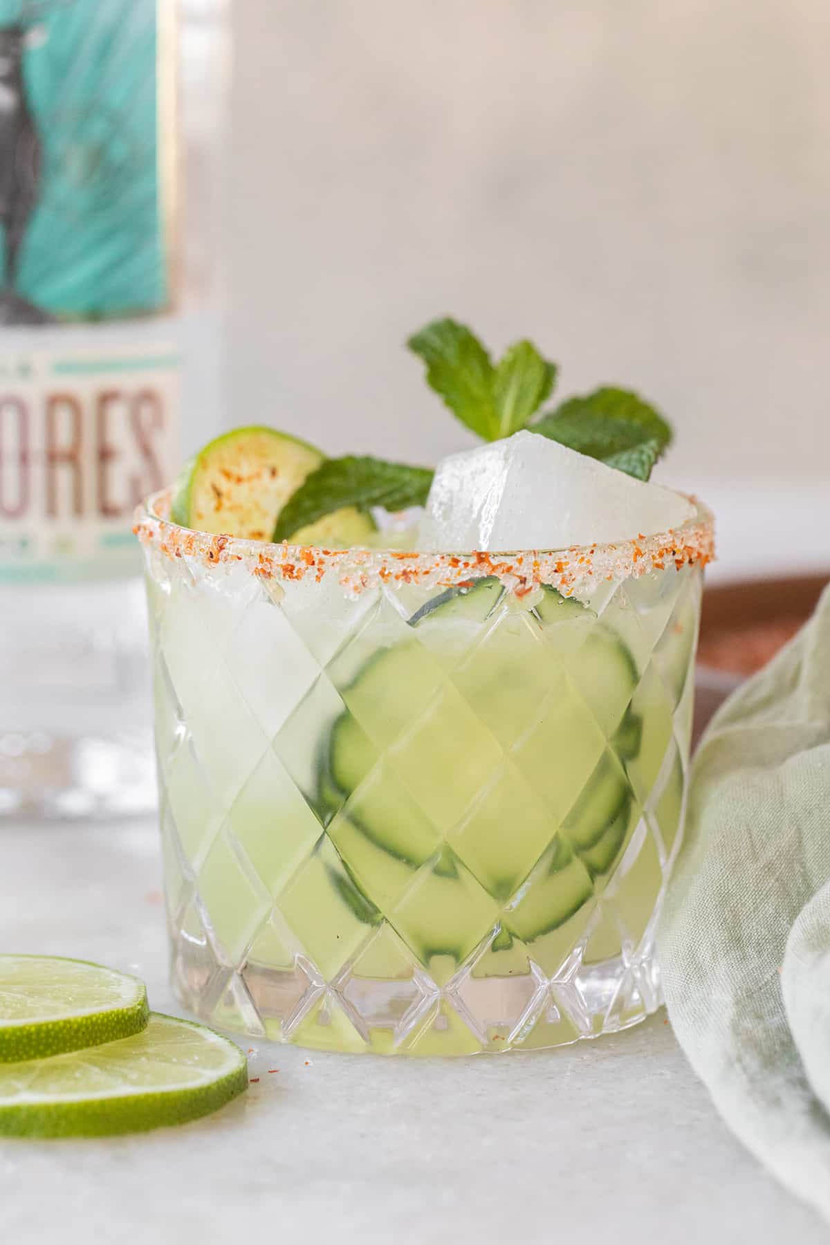Cucumber margarita with cucumber slices and fresh mint.