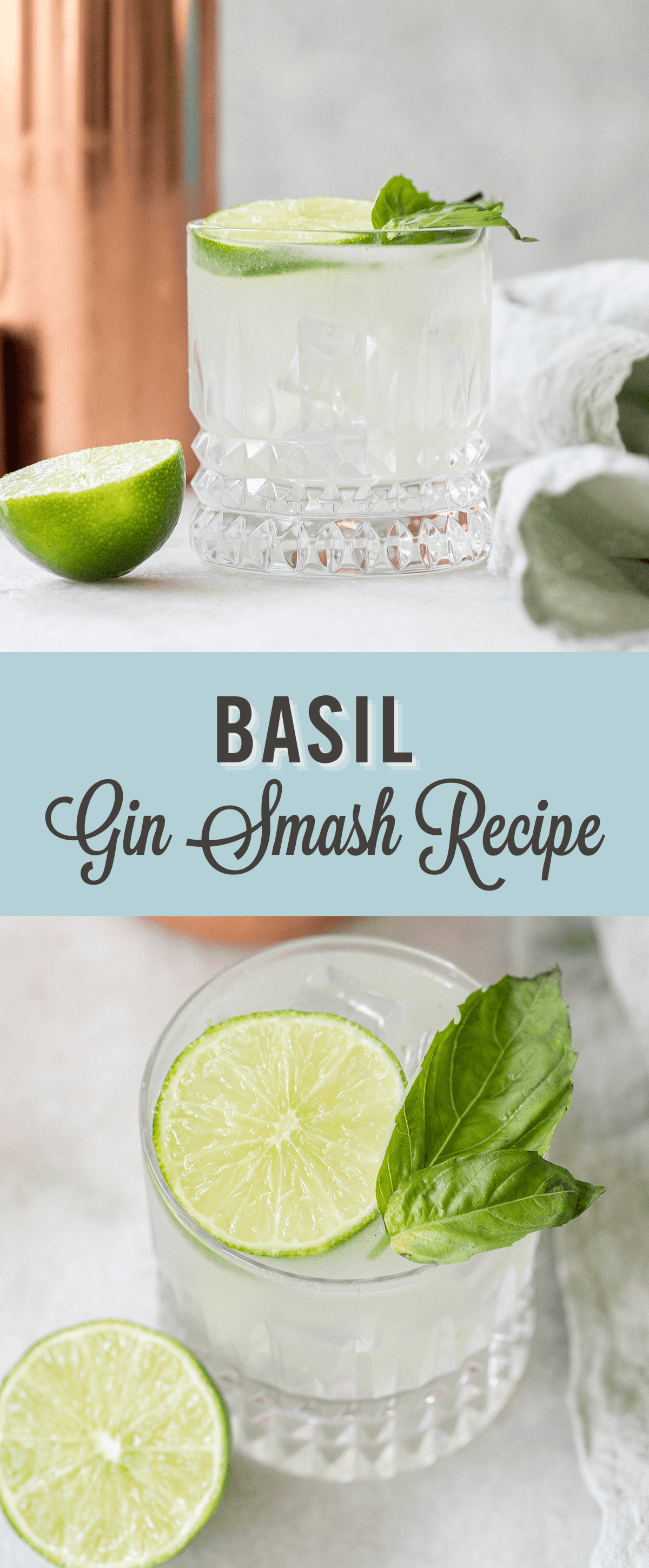 basil gin smash recipe with text.
