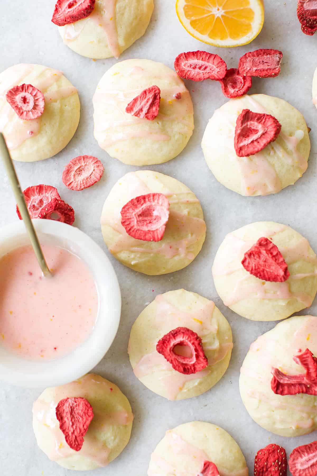 Strawberry lemon ricotta cookies with glaze.