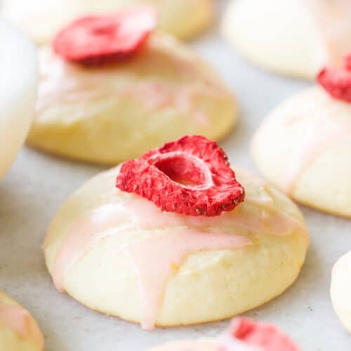 Lemon Ricotta Cookies with strawberry glaze.