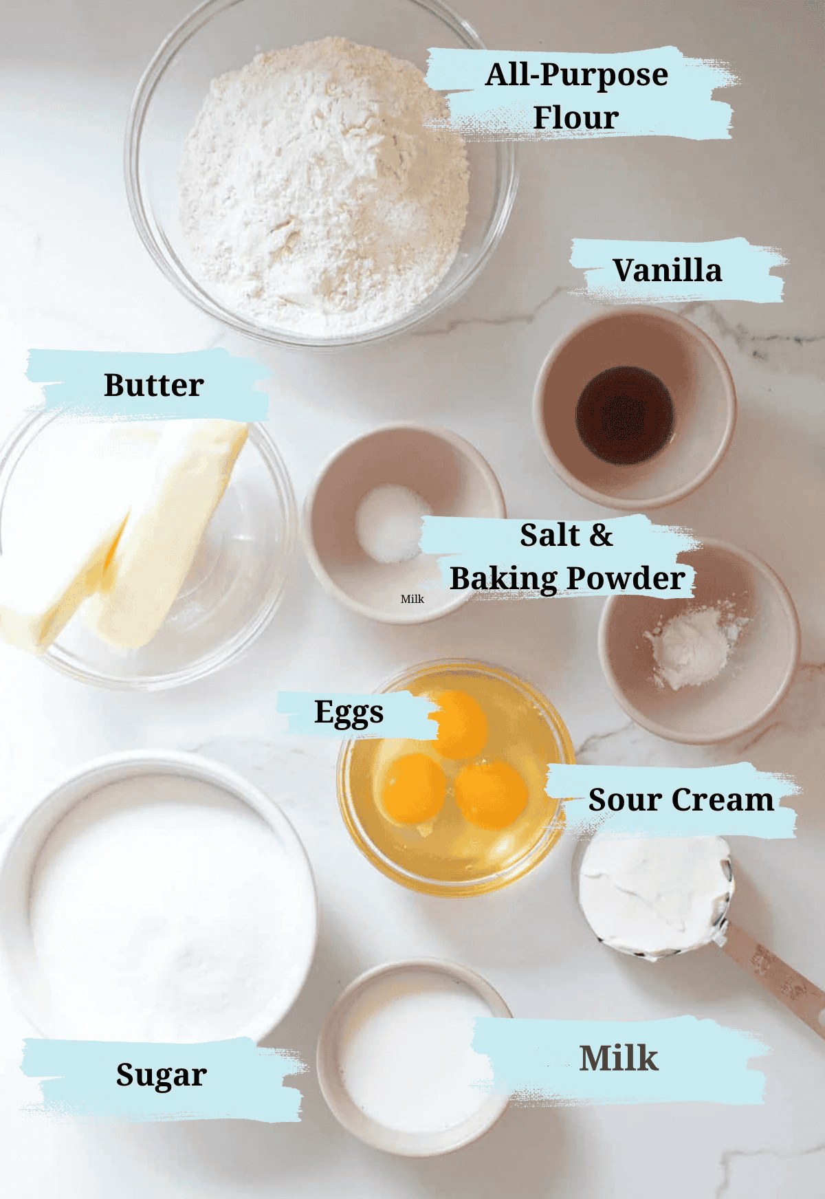 Old-fashioned pound cake ingredients on a table.