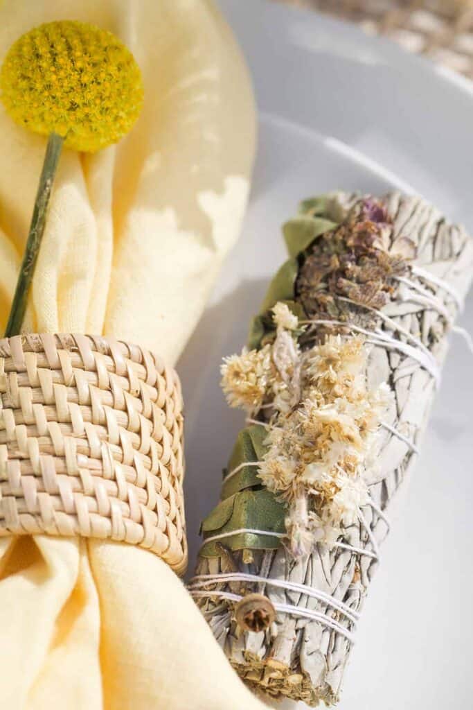 Sage bundle with a lemon napkin.