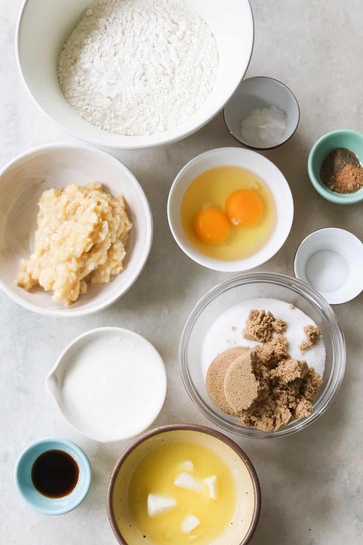 Mashed bananas, eggs,melted butter, sugar, flour to make donuts.