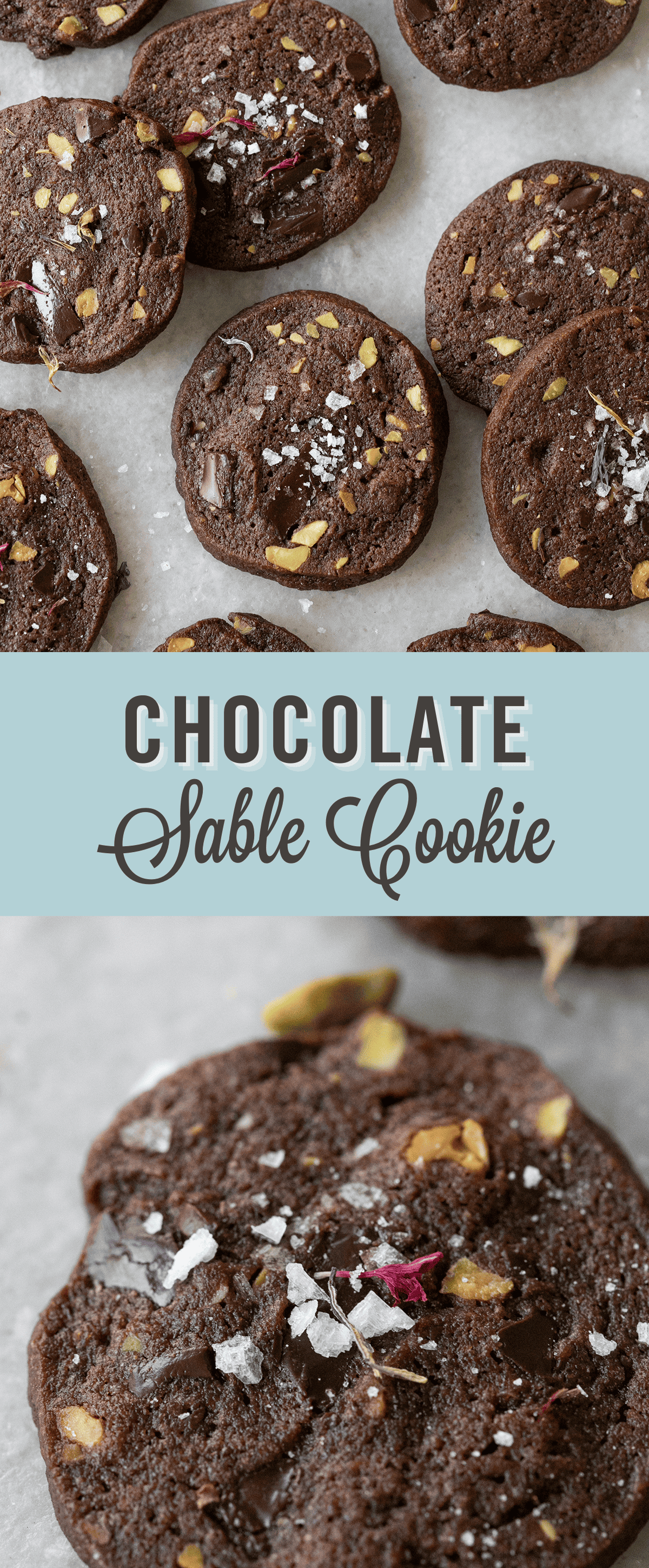 Chocolate sable cookie recipe with pistachios.