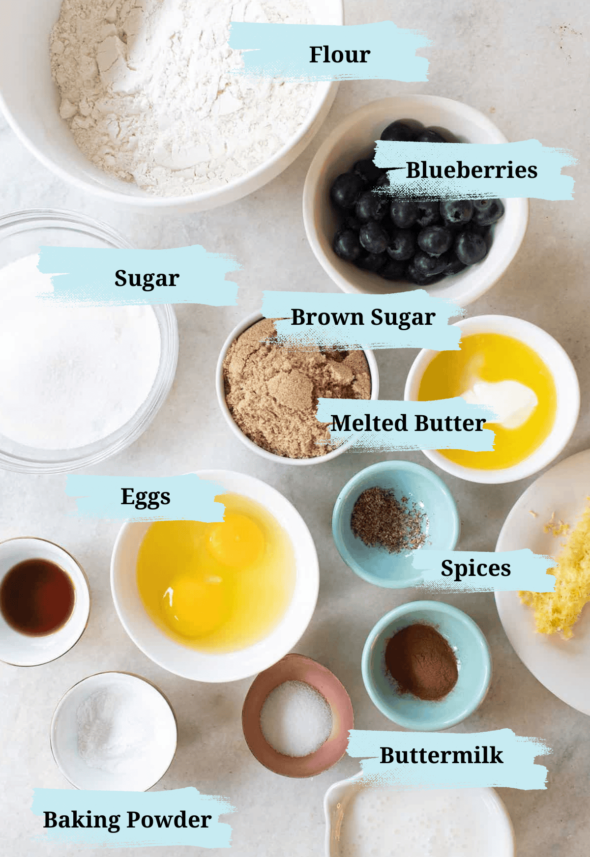Baked blueberry donut ingredients.
