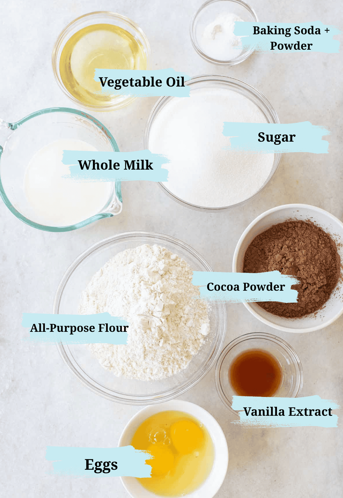 Ingredients to make a chocolate cake recipe. 