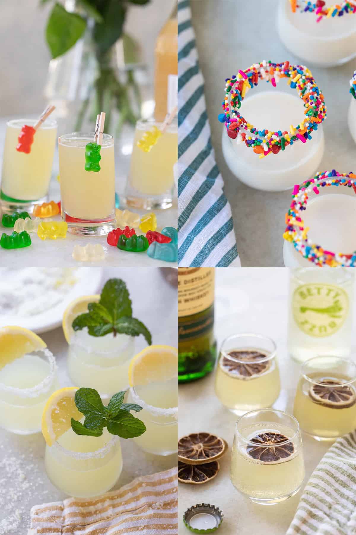 Colorful party shots made with fresh juice, served in shot glasses on a festive tray