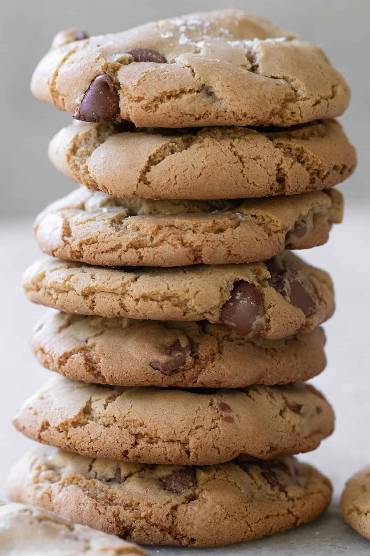 A stack of butterless chocolate chip cookies made with oil.