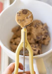 Cookie scooper with no butter chocolate chip cookie dough.