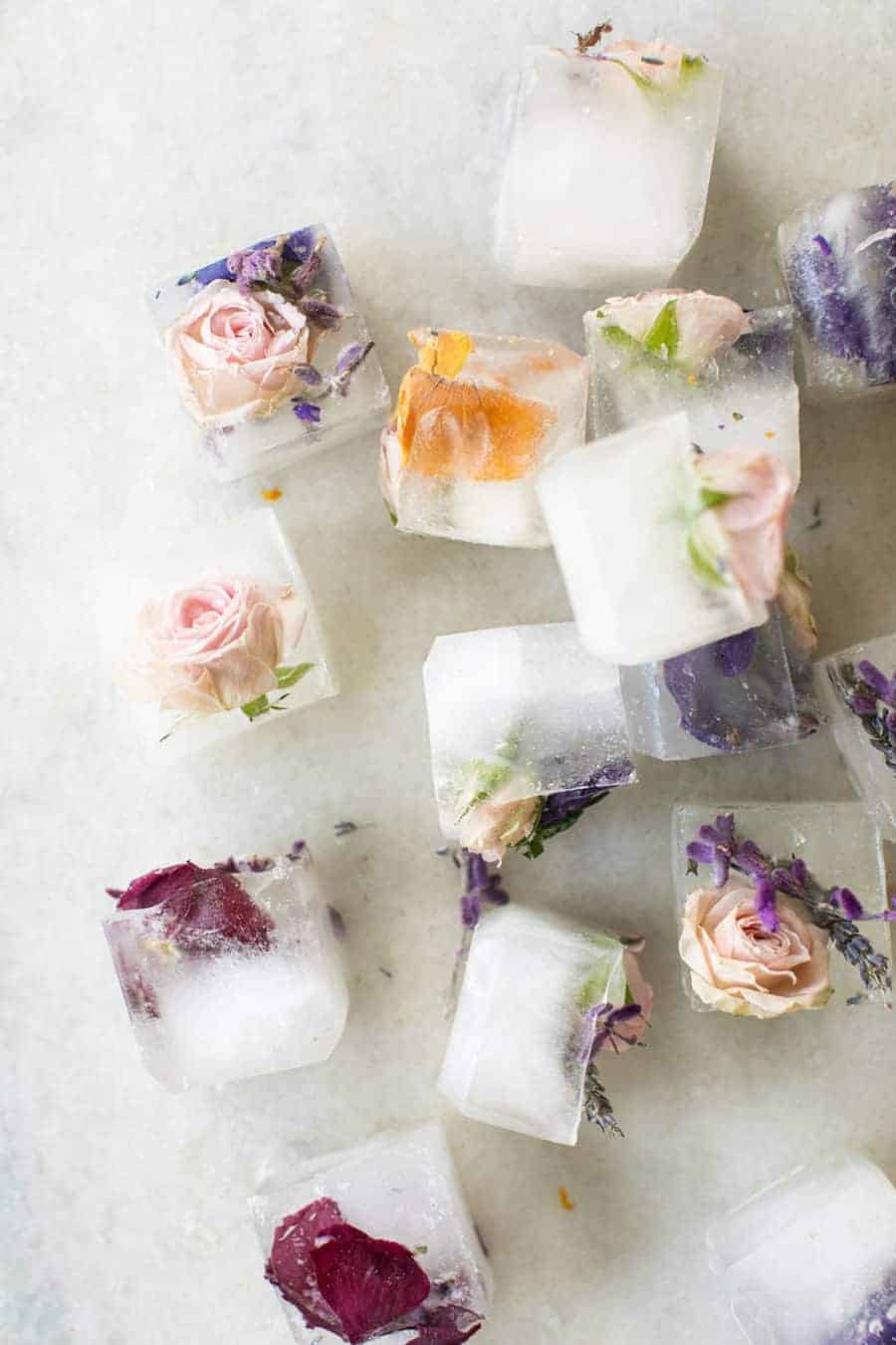 Ice cubes with colorful flowers.