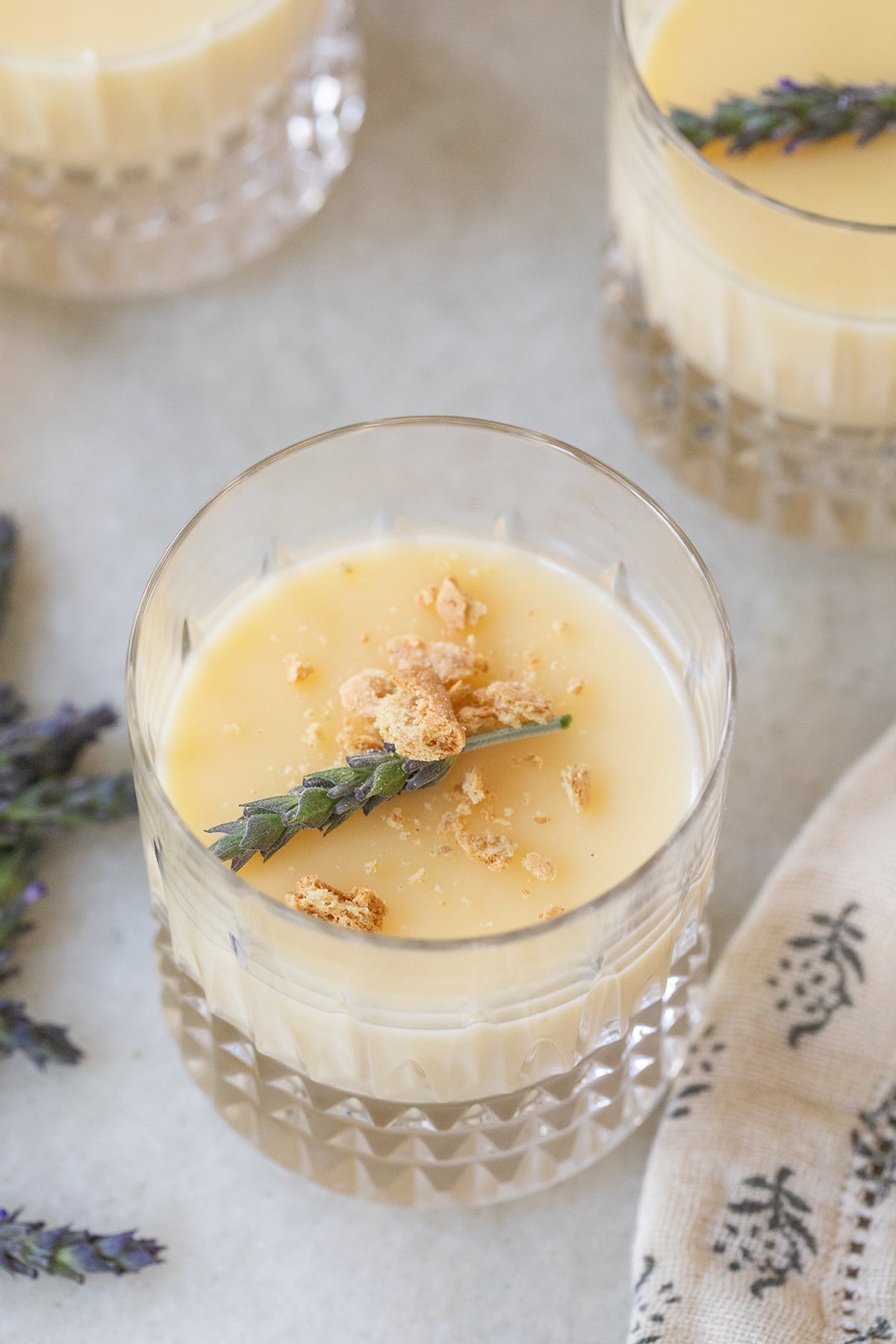 Creamy lemon pot recipe with lavender and Graham cracker topping.