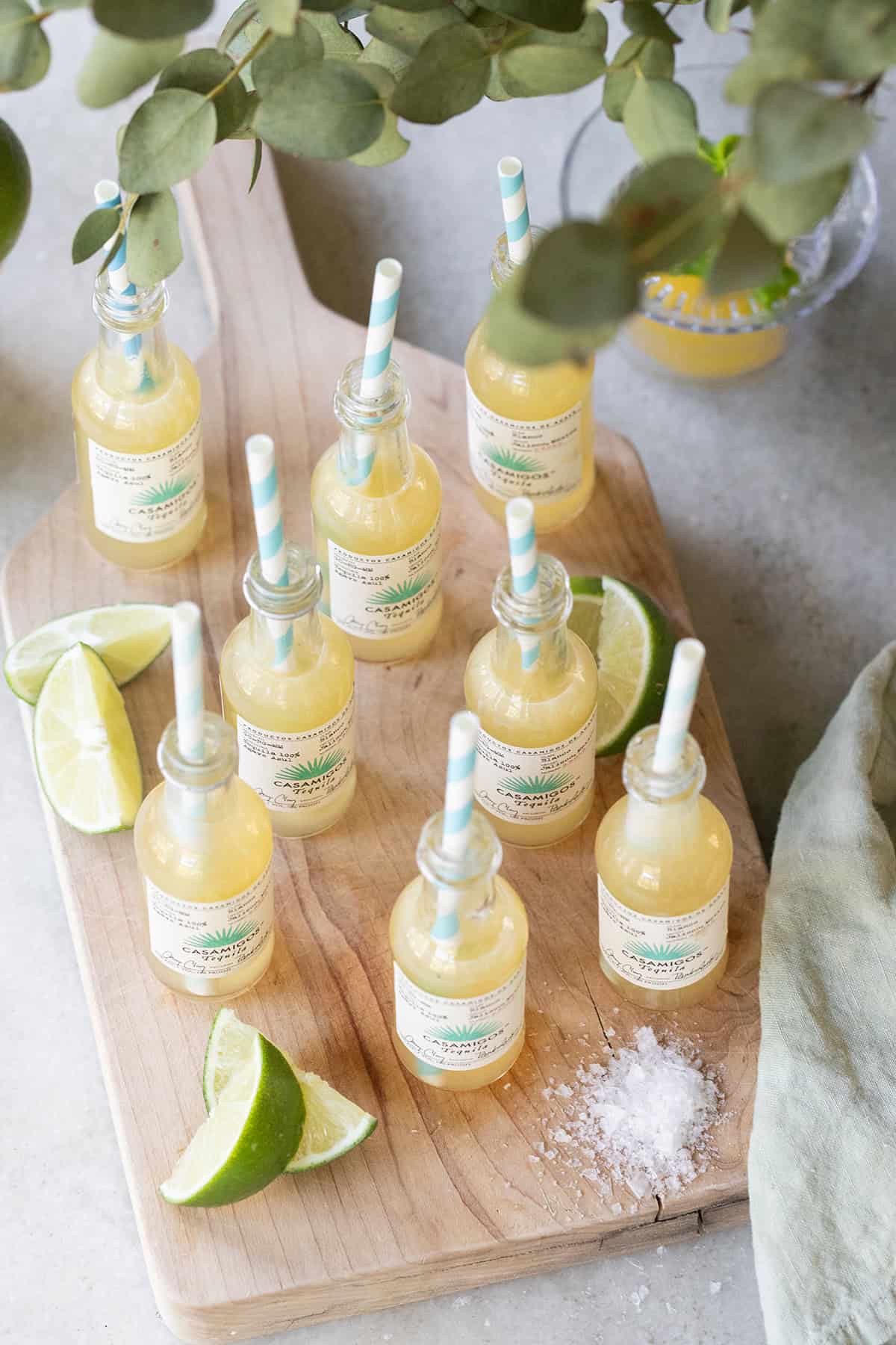 Margarita shots recipe served in mini tequila bottles for parties. 