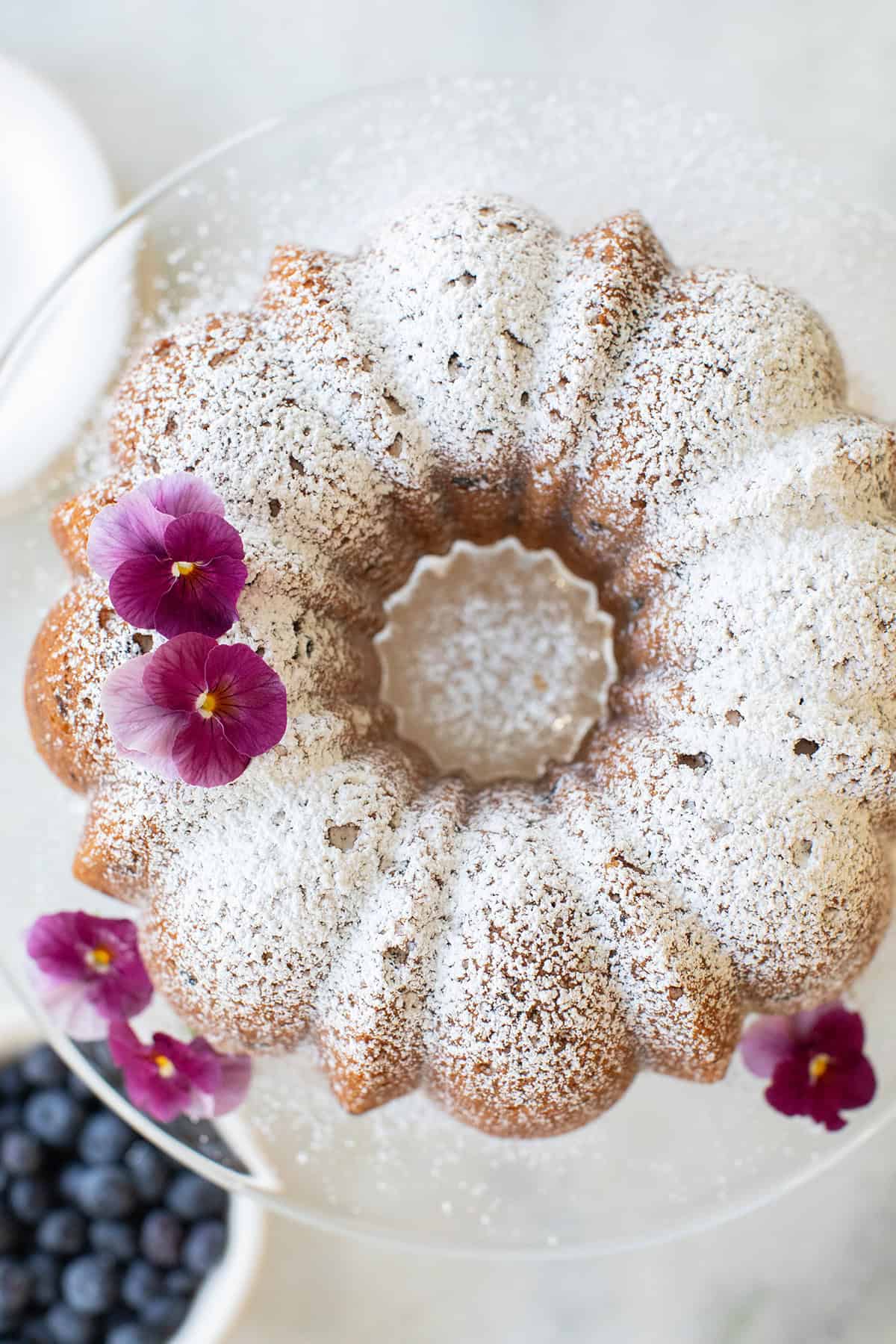 Bundt cake made with wild-dried blueberries with a dusting of powdered sugar.