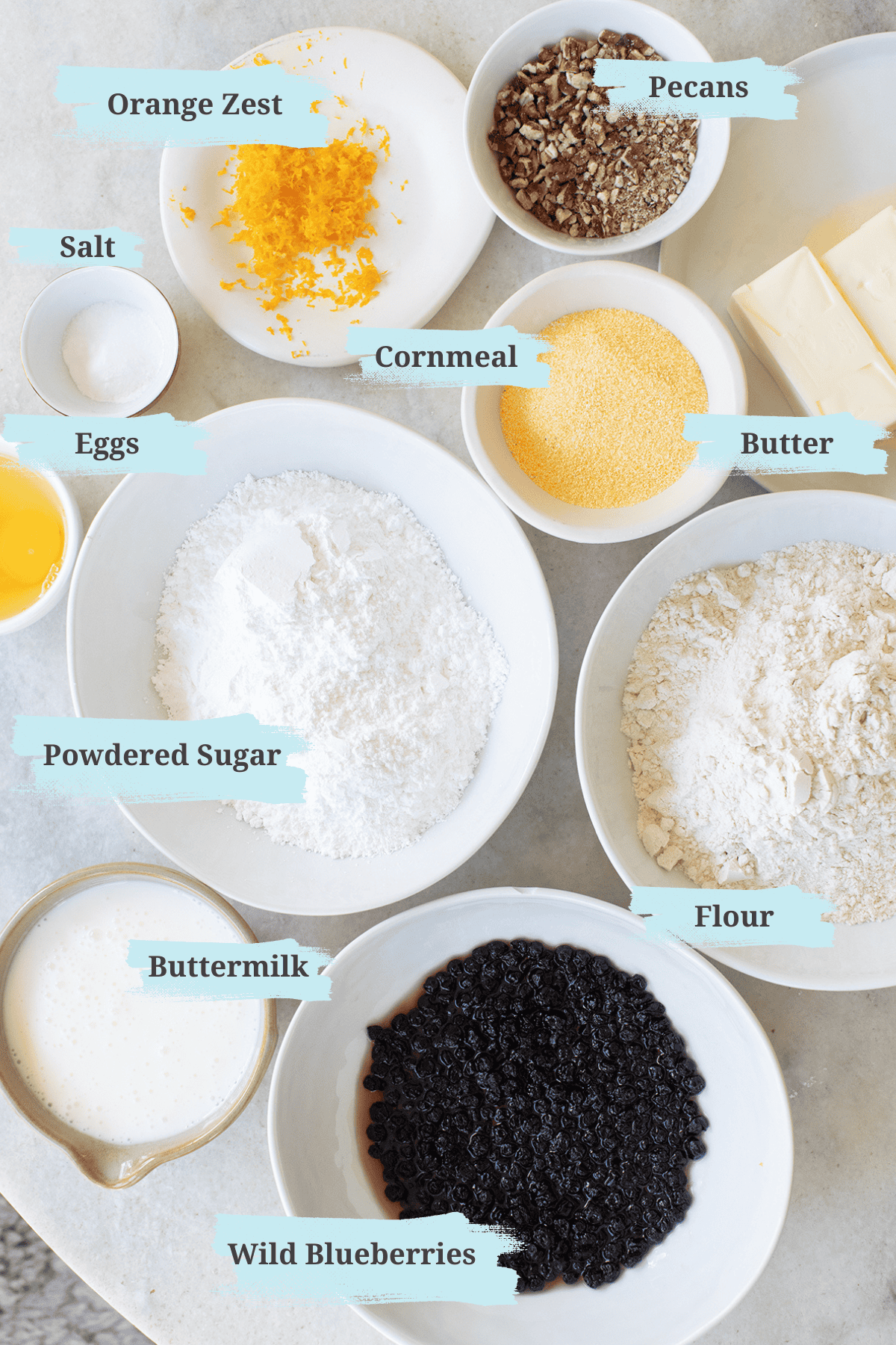 Ingredients to make a blueberry bundt cake.