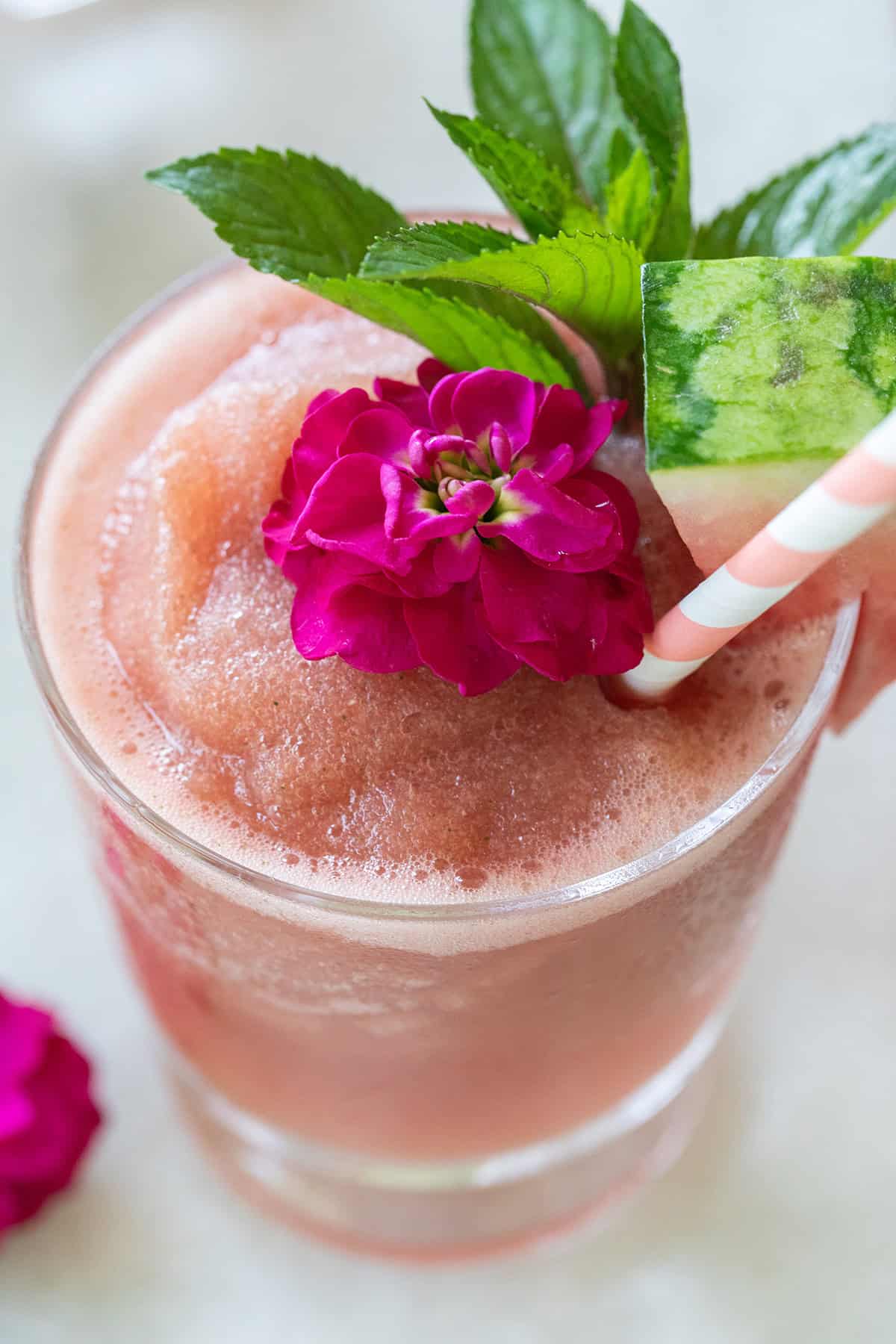 Frozen watermelon drink made with rosé, mint and lemon juice.