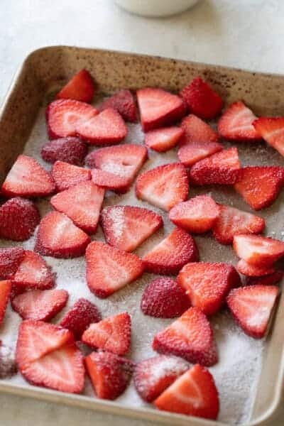 Sliced strawberries with sugar. 